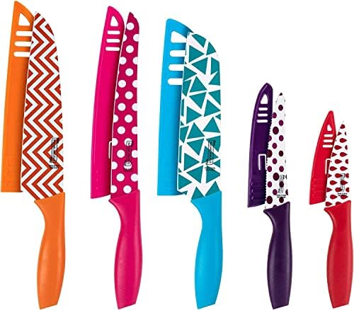 MICHELANGELO Kitchen Knife Set, 10 Piece with Nonstick Colored Coating, Sharp Stainless Steel Kitchen Knife Set, 5 Patterned Knives & 5 Sheath Covers Shop